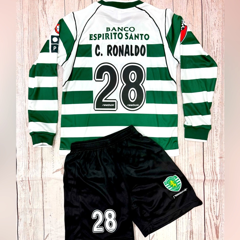 KIDS Ronaldo Retro (Jersey+Shorts) Kit Sporting Long Sleeve YOUTH Soccer (LARGE)